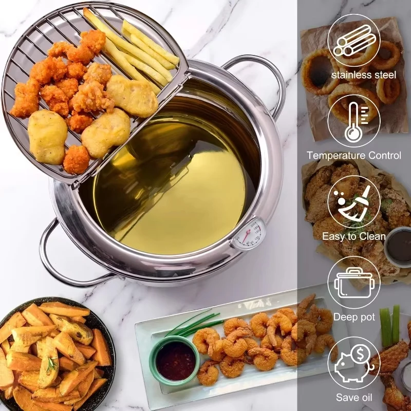 Friggitrice multifunzionale con termometro e scolapiatti per olio Utensili da cucina per fornelli a induzione a gas a doppio fondo per uso domestico