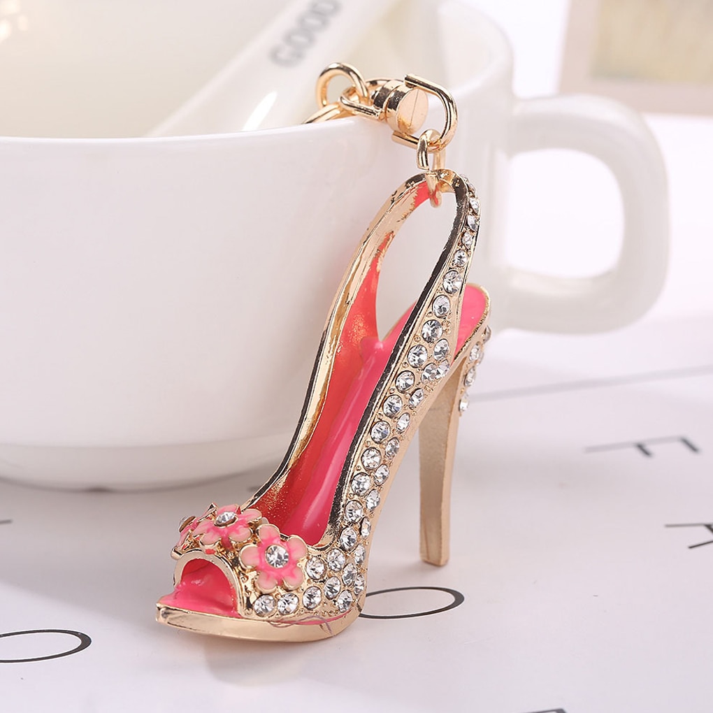 1PC Alloy Key Ring High Heel Shoe Keychain Rhinestone Crystal Purse Car Key Chain Girl Bag Decorative