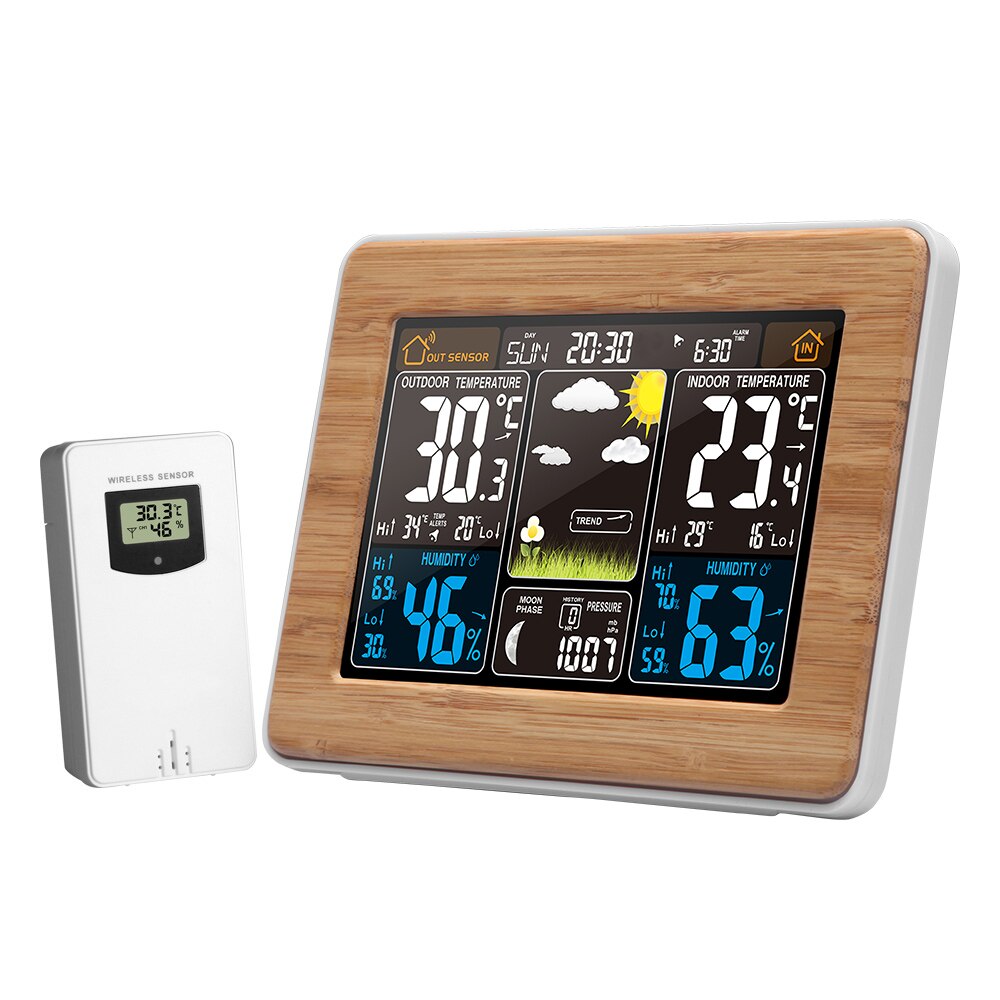 FanJu FJ3365 Weather Station Air Pressure Forecast Alarm Indoor Outdoor Thermometer Hygrometer Wireless Multifunction Clock: Wood