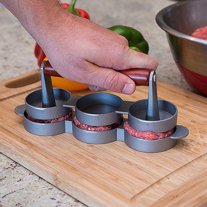 Triple Mini Burger Press Slider Patty Wood Handle Hamburger Press Burger Press Maker Grill BBQ Party Maker Meat Press Dia2.5''