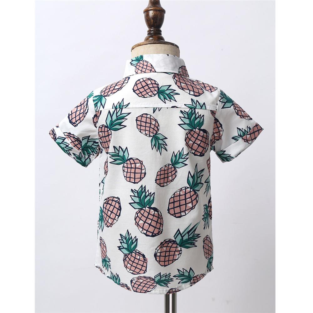 Bebé de verano de los muchachos de algodón de manga corta Camiseta de piña impresa Spread Collar botón Top bajo playa camisa Casual