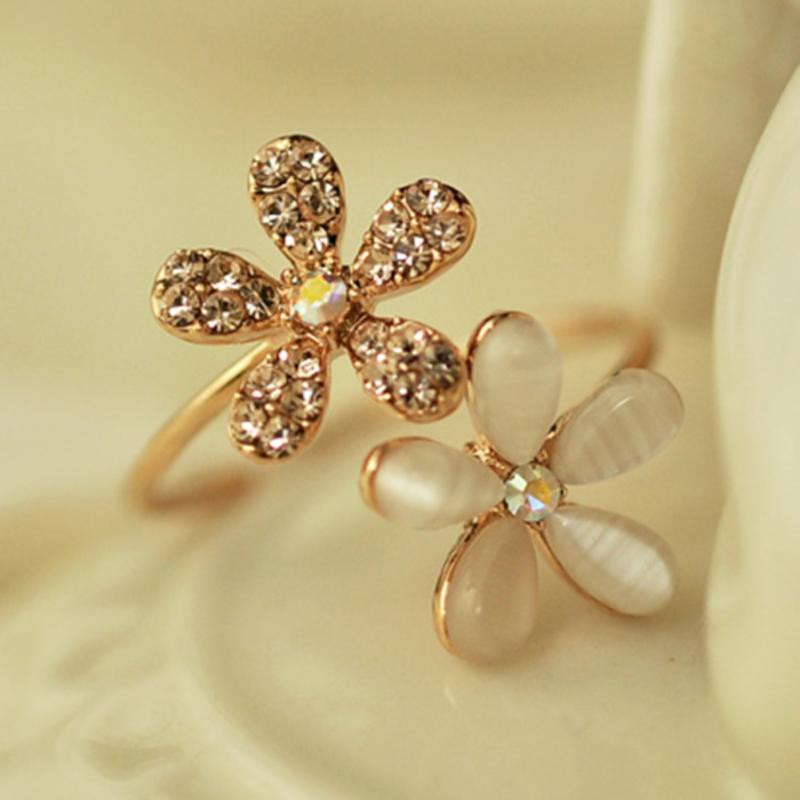 Vrouwen Opaal Dubbele Daisy Bloem Open Ring Rhinestone Verstelbare Sieraden Antieke Vinger Ring