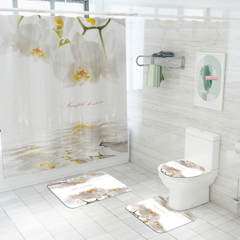 180 x 180cm natuurbloemen waterdichte polyester douchegordijnen badkamergordijnen sets toiletmat antislip badmat set: D 4 stuks