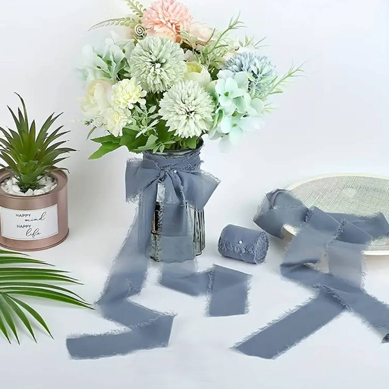 3 Rollen staubiges blaues Chiffonband, Hochzeitseinladungen, handgefertigtes Fransenband, DIY-Blumenstrauß-Schleifenband, Geburtstagsgeschenkverpackung