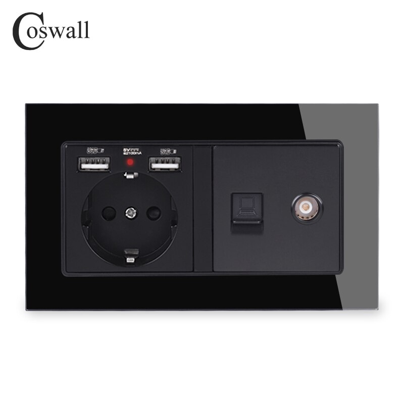 COSWALL Russia Spain EU Standard Wall Socket 2 USB Charge Port + Female TV Connector With CAT5E RJ45 Internet Jack Glass Panel: Black