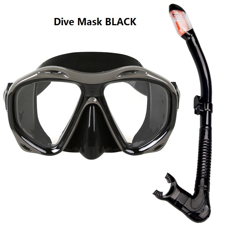 Snorkelen snorkelen duiken scuba zwemuitrusting siliconen duikmasker uitrusting + ademhalingsbuis + zwemvliezen: Duikmasker zwart