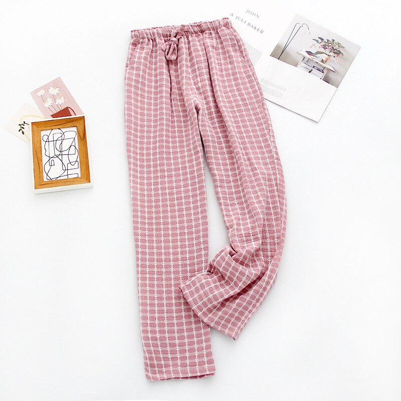 NHKDSASA Men's Cotton Gauze Trousers Plaid Sleep Pants Woman Pajamas Pants Bottoms Sleepwear Short for Couples Pijama Hombre: Womens Pink / XL