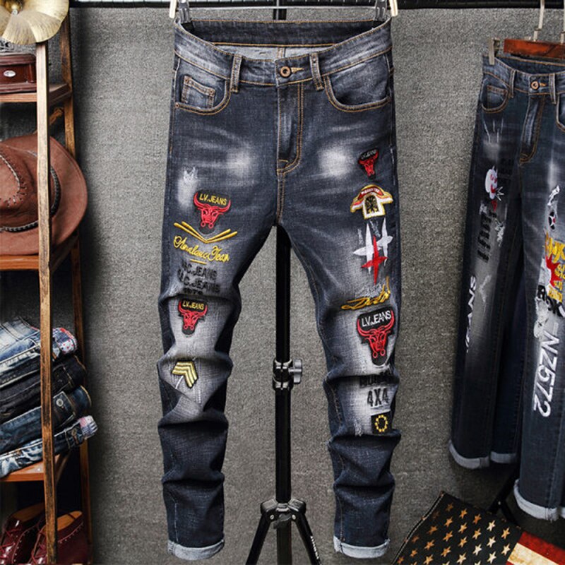 Mens Denim Embroidery Hole Jeans Stretch Distressed Ripped Jeans Men Spring Autumn Hip Hop Pants Streetwear