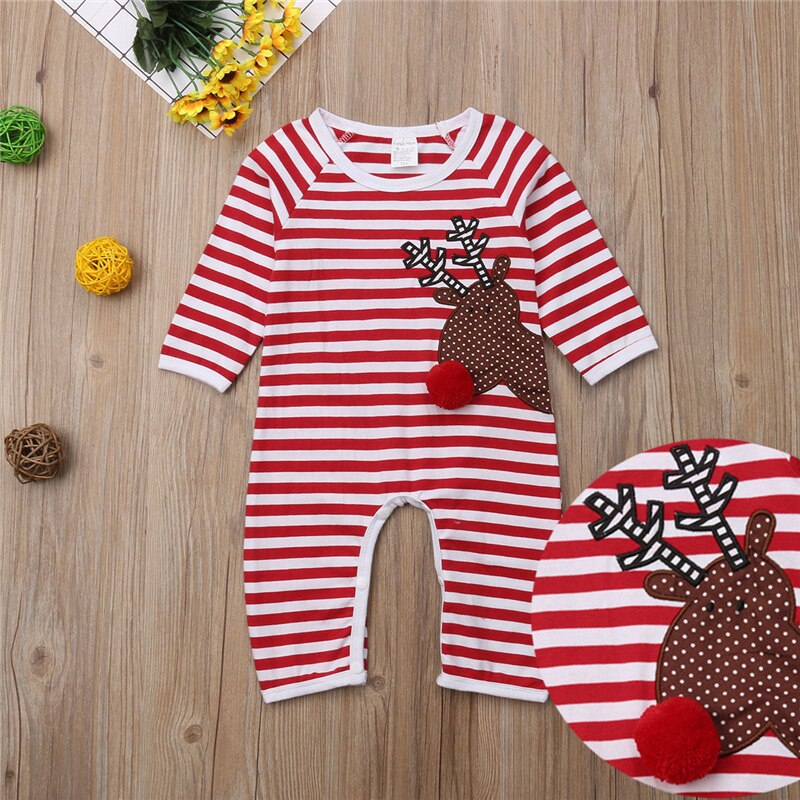 Leuke Pasgeboren Baby Meisje Jongen Xmas Herten Kostuum Gestreepte Romper Jumpsuit Outfits Kerst Kleding 0-18 m 6 m 9 m