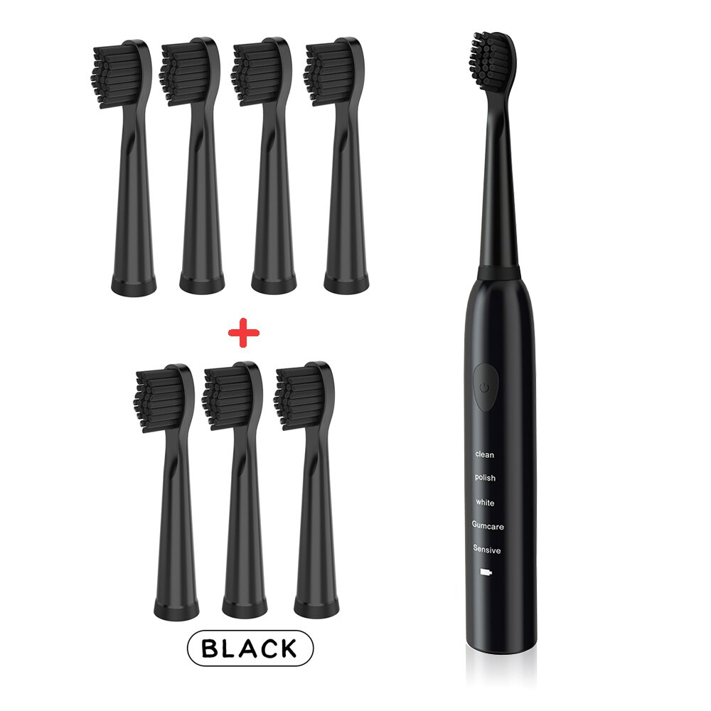 Brosse à dents électrique sonique puissante Ultra sonique USB Charge brosses à dents rechargeables brosse à dents de blanchiment électronique lavable: Black-brushhead-8