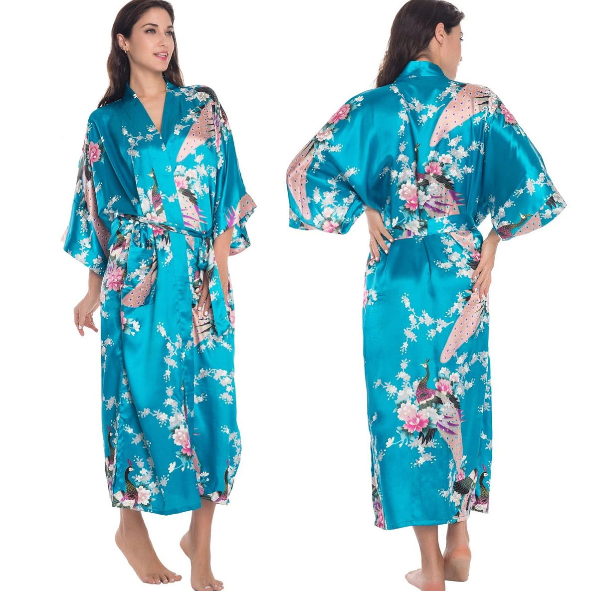 Peignoir kimono à manches mi-longues de style japonais pour femmes, robe longue femme, chemise de nuit, vêtements de nuit, satin imprimé fleuri, robe en span pour la maison: Menthe