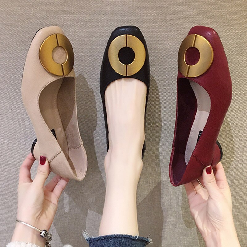 Kvinner kjole sko lave hæler pumps firkantet hæl båt sko runde metall pumps kontor sko damer zapatos mujer 7913n
