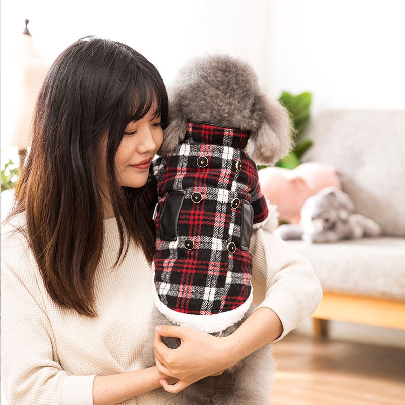 Dog Clothes Costumes Manteau Pour Chien Ropa Para Perro Ropa De Invierno Para Perros Leather Pocket Plaid Thick Two-legged Coat