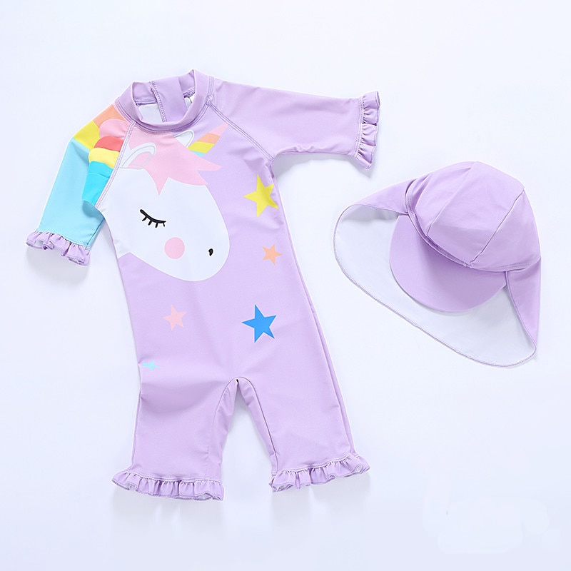 1~5Year Girls Swimsuit One Piece Girls Swimwear Purple Unicorn Children's Swimwear Surfing Suit Bathing Suit With Hat-SW347