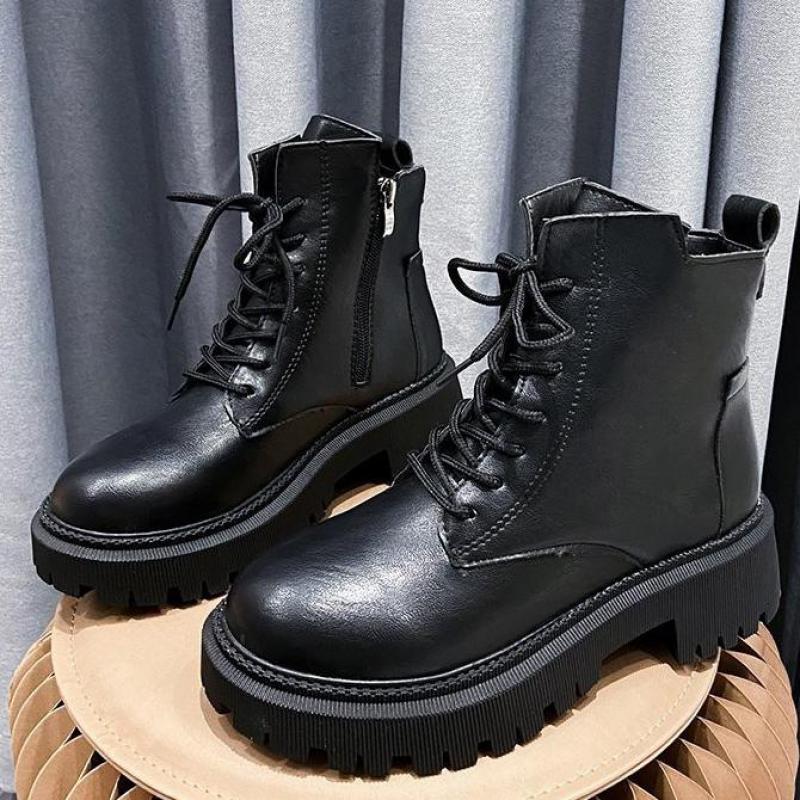 Botines de cuero para mujer, botas Vintage Retro con cremallera lateral, tacones gruesos, botas de invierno para nieve, zapatos para mujer