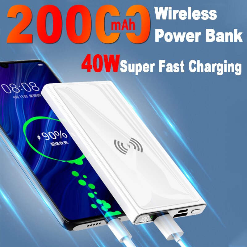20000mah sem fio power bank 40w super rápido carregamento display digital bateria externa embutido cabos com lanterna para o telefone