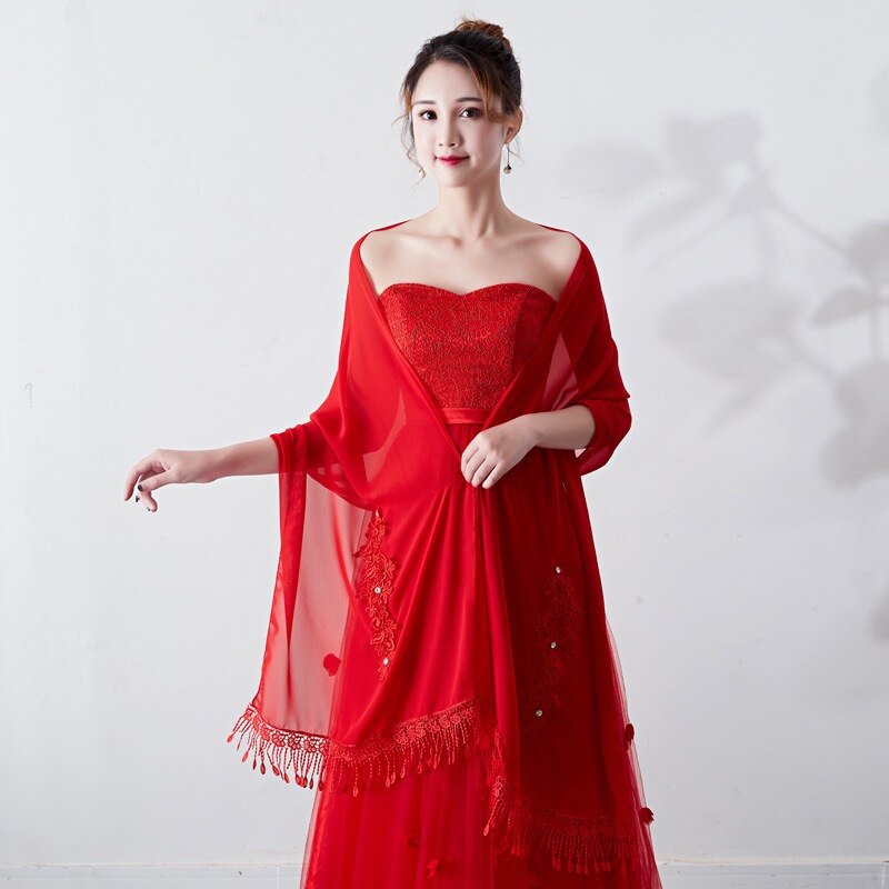 Longue mousseline de soie étole dentelle Appliques perlées robes de soirée châles de mariage enveloppes avec gland Capes de mariée fête: Rouge
