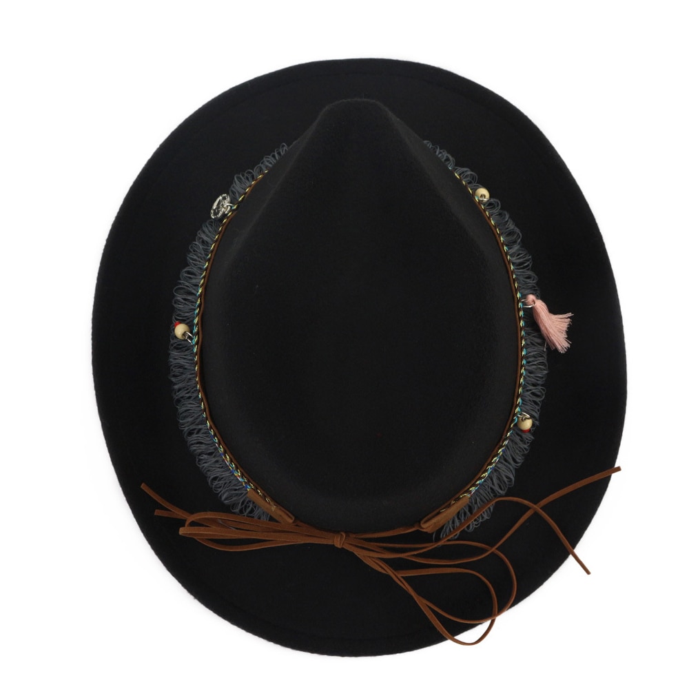 Mænd kvinder western cowboy fedora hat med kvastbånd pop bred kant hat jazz hat sort størrelse 56-58cm