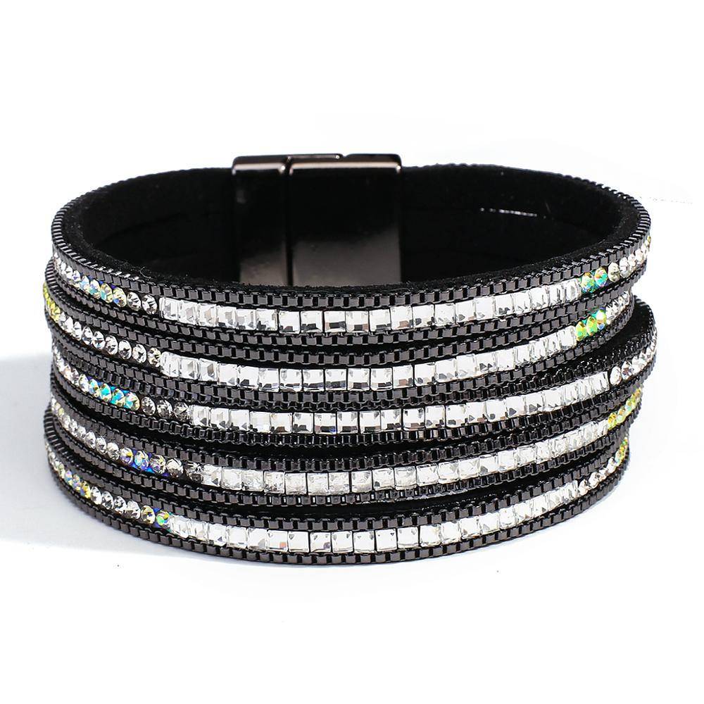 ALLYES Boho mehrschichtig Schwarz Leder Armbänder für Frauen Strass Bunte Kristall glänzend Breite wickeln Armbinde Party Verein Schmuck: Schwarz