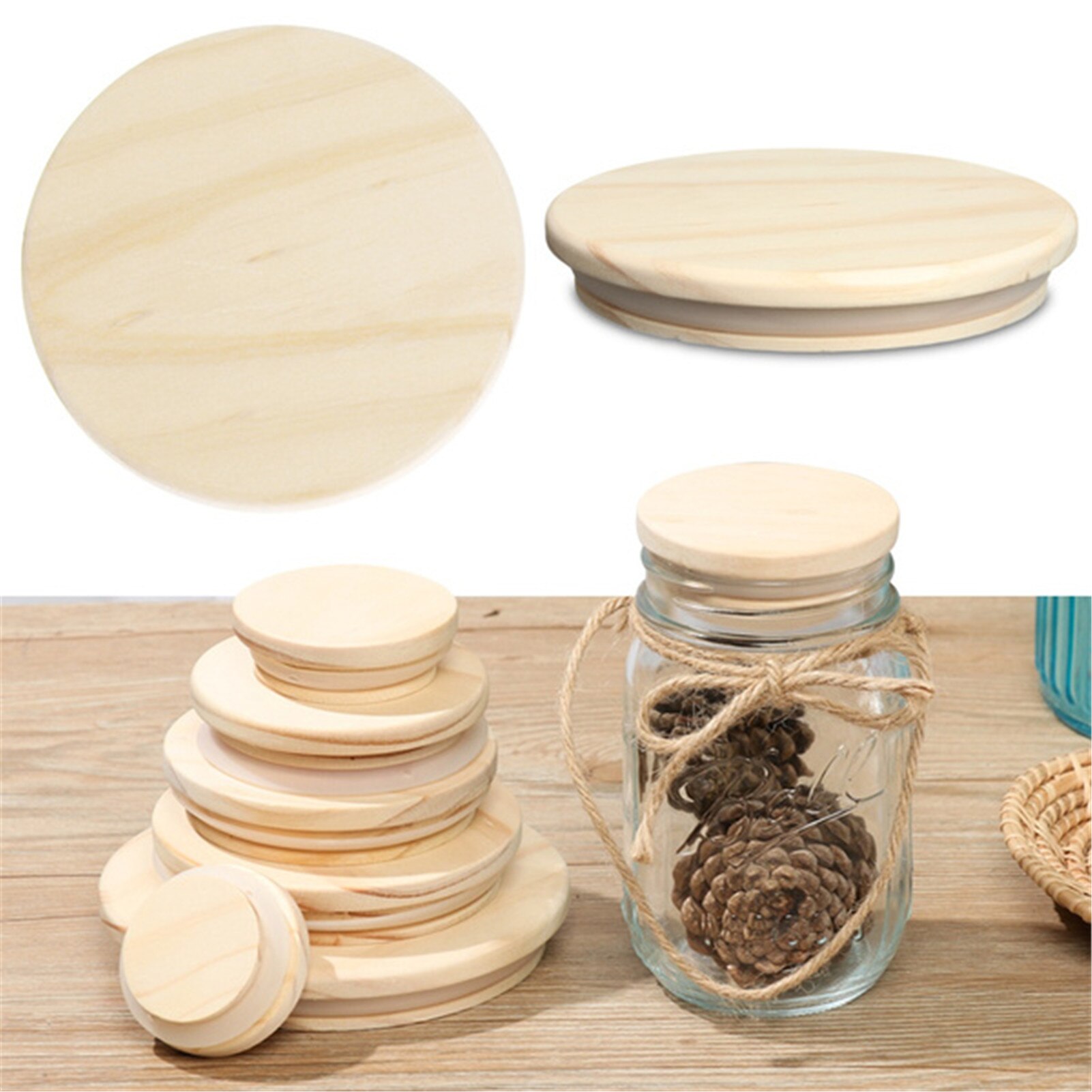 Reusable Mason Jar Canning Caps Non Leakage Pine Wooden Cover Lids with Silicone Seal Ring for Candle Cup Glass Accessories