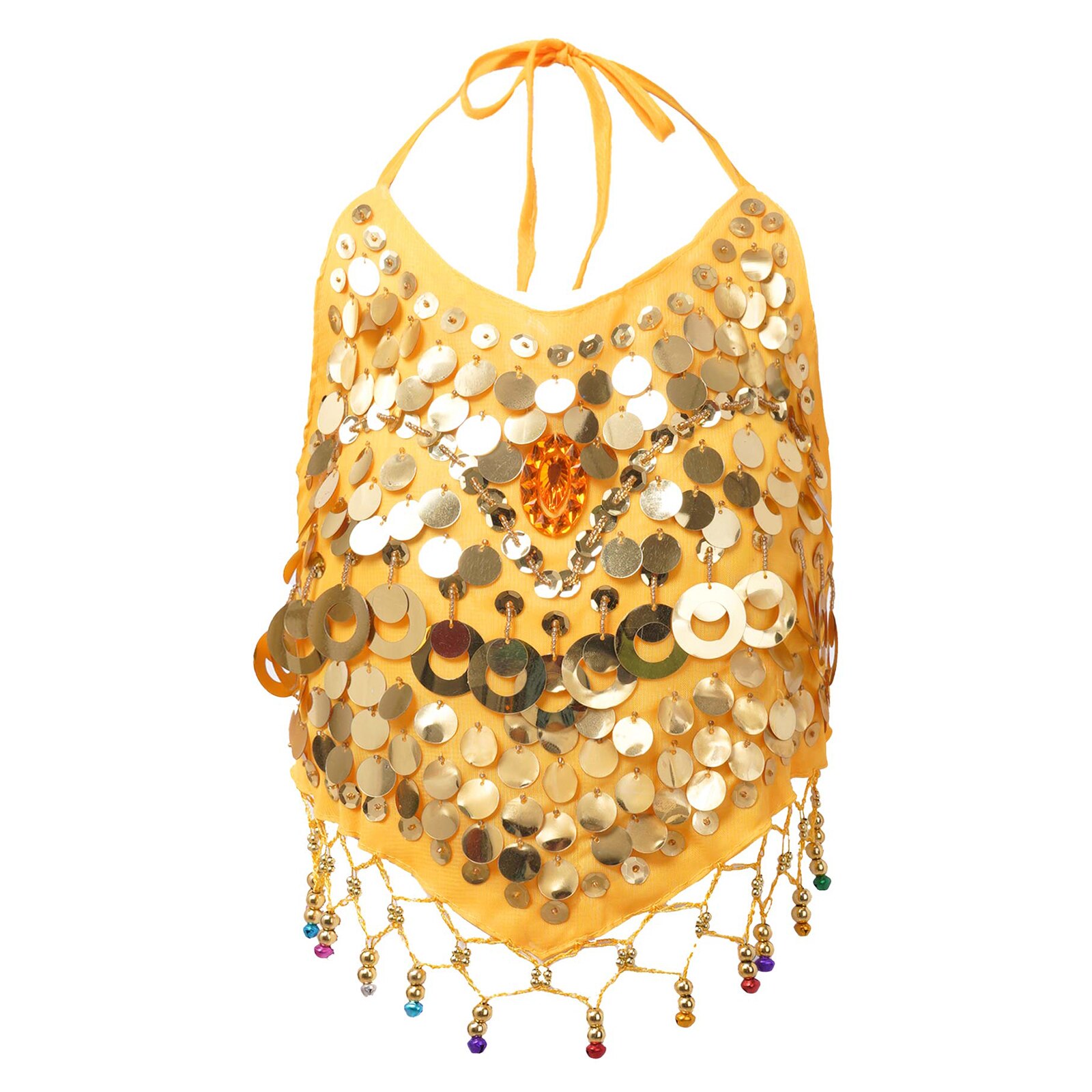 Abbigliamento per danza del ventre per bambini Kid Girls senza maniche allacciato Halter Backless paillettes campane nappa Decor Crop Top per danza del ventre: Yellow