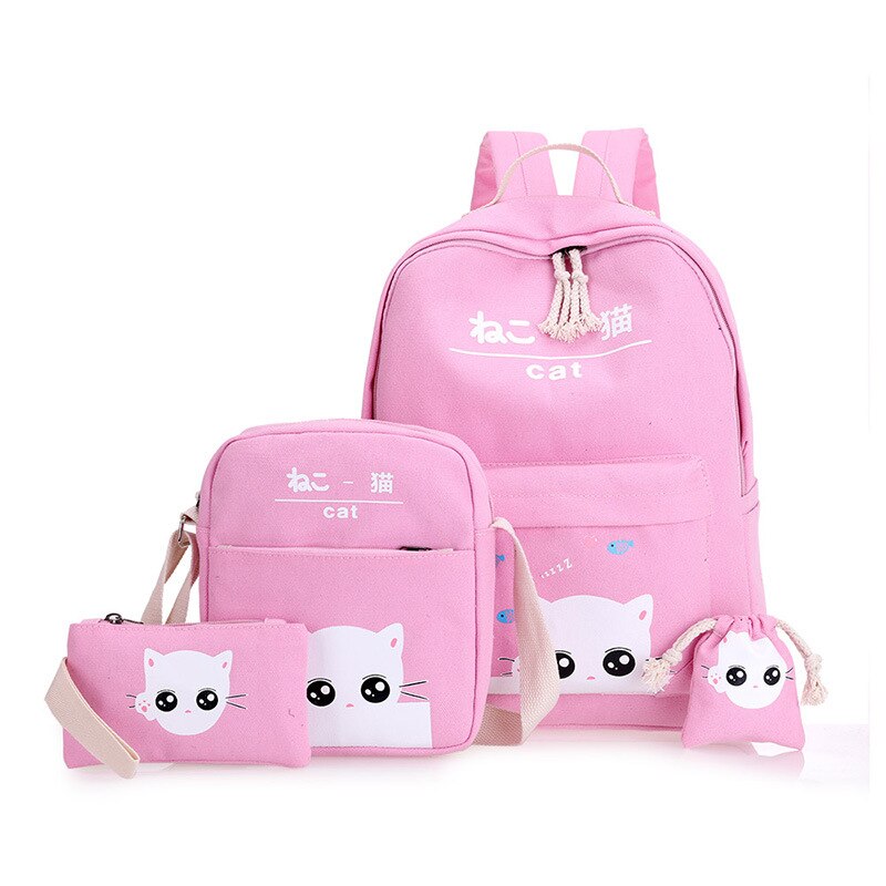 Sac à dos d'école imprimé chat pour adolescentes, joli sac à bandoulière pour voyage, grande capacité, 4 pièces/ensemble: Rose