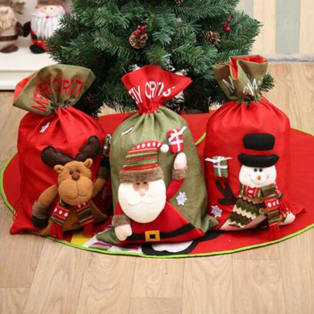 Kerst Voelde Santa Zak Kinderen Xmas Snoep Kous Tas Grote Size Trekkoord Herbruikbare Opvouwbare Kerstcadeaus