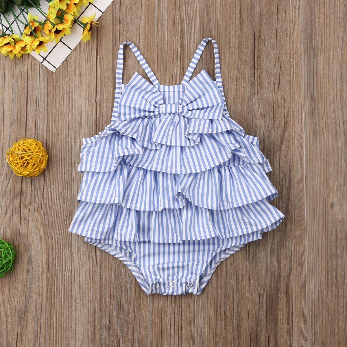 Mini maiô listrado meninas, roupa de praia sem mangas com babado e laço para férias