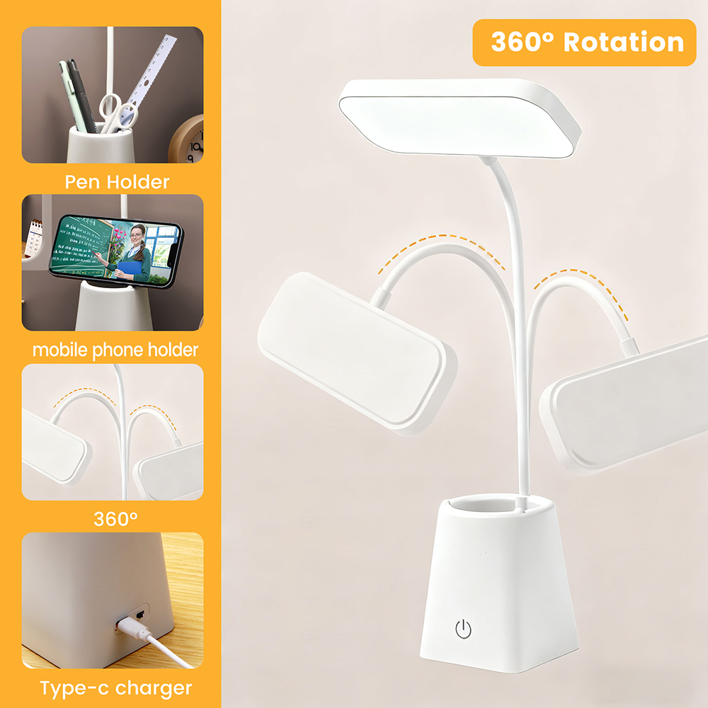 3 kleuren dimbare LED-bureaulamp met penhouder / telefoonstandaard 5V USB Touch 22 LED's Flex buislicht voor slaapkamer ﻿ Studeerkamer Kantoor