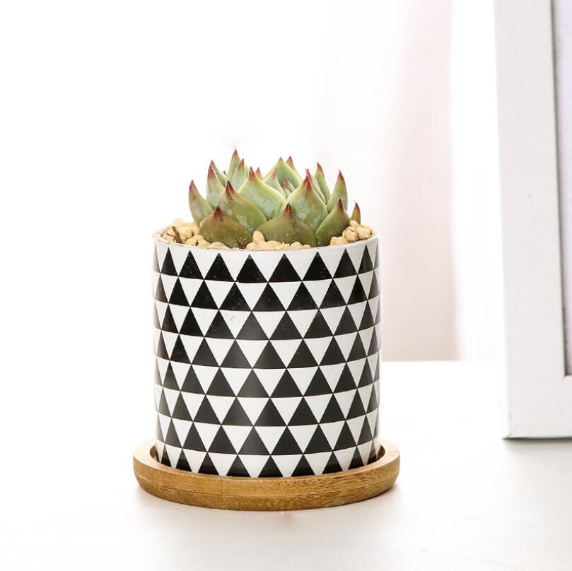 Sales Home Modern Style Desktop Flower Pot Green Plant Holder Ceramic Planter Geometric Printing Plant Pot Office Decoration: Type SIX / with base