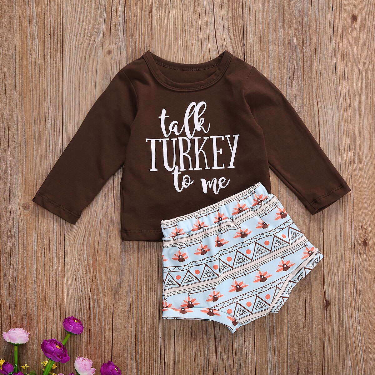 Focusnorm Thanksgiving Baby Jongen Meisje Kleding Sets Lange Mouw Turkije Print T-shirt Tops Shorts Bottom 2Pcs Set