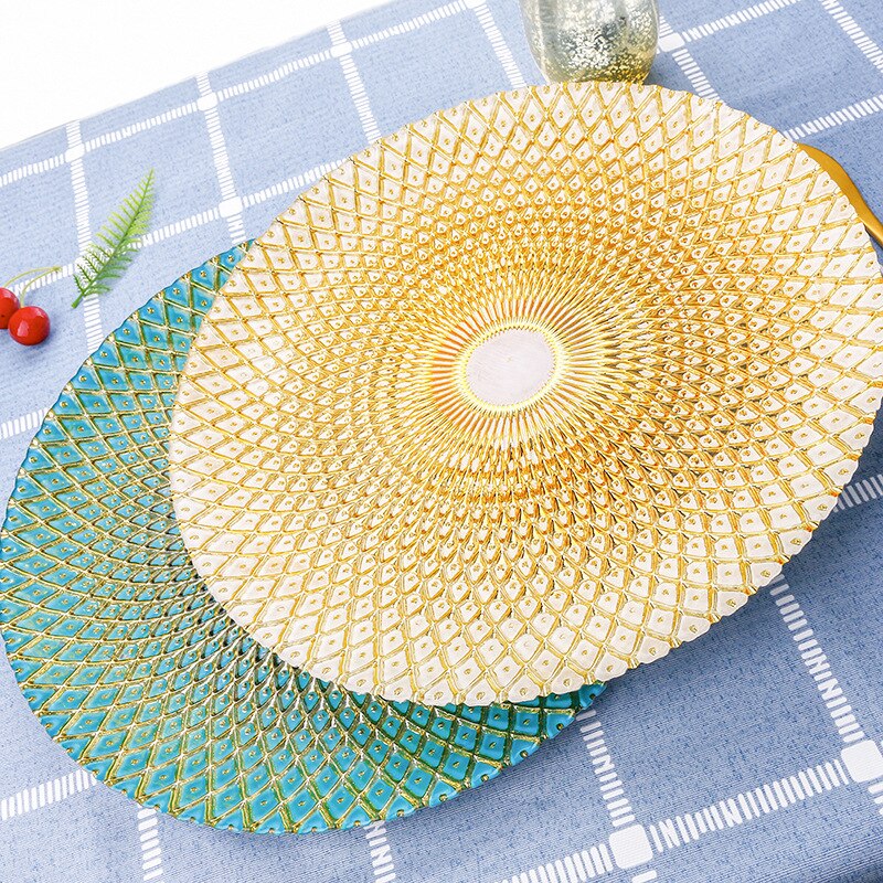 Assiette en verre coloré belle plaque de cuisson de dîner de placage à rayures de luxe assiette à salade en verre plat à gâteau vaisselle ronde assiettes alimentaires