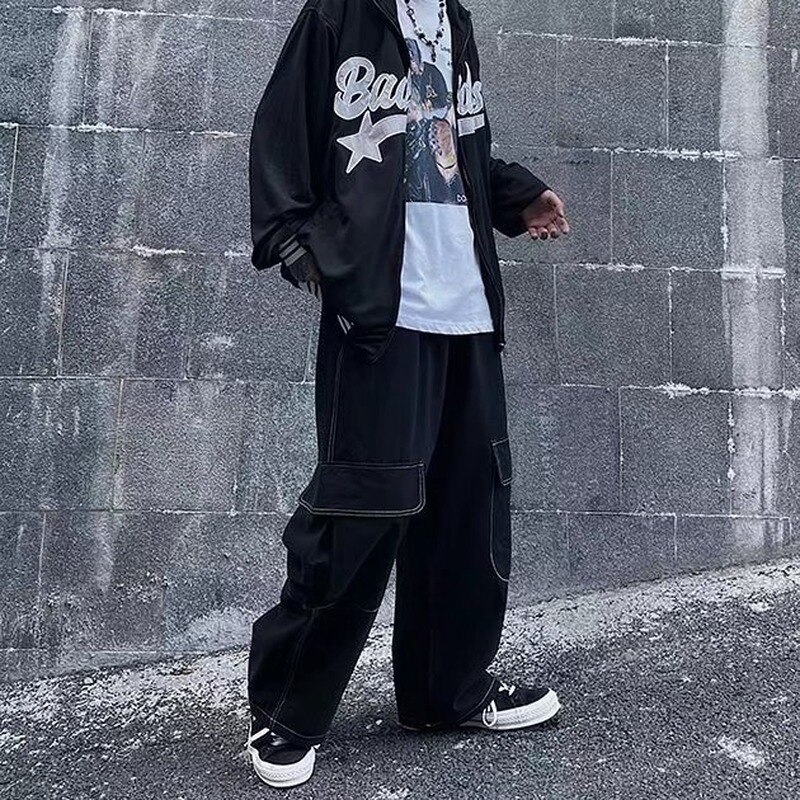 HOUZHOU Black Cargo Pants for Men Baggy Wide Leg Trousers Male Autumn Men&#39;s Cargo Trousers Japanese Streetwear Hip Hop Harajuku