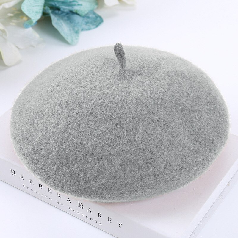 Cheap Women Winter Wool Beret French Hat Female Solid Color Bonnet Beret Hat Girls Thick Warm Walking Hat 15 Color: light gray