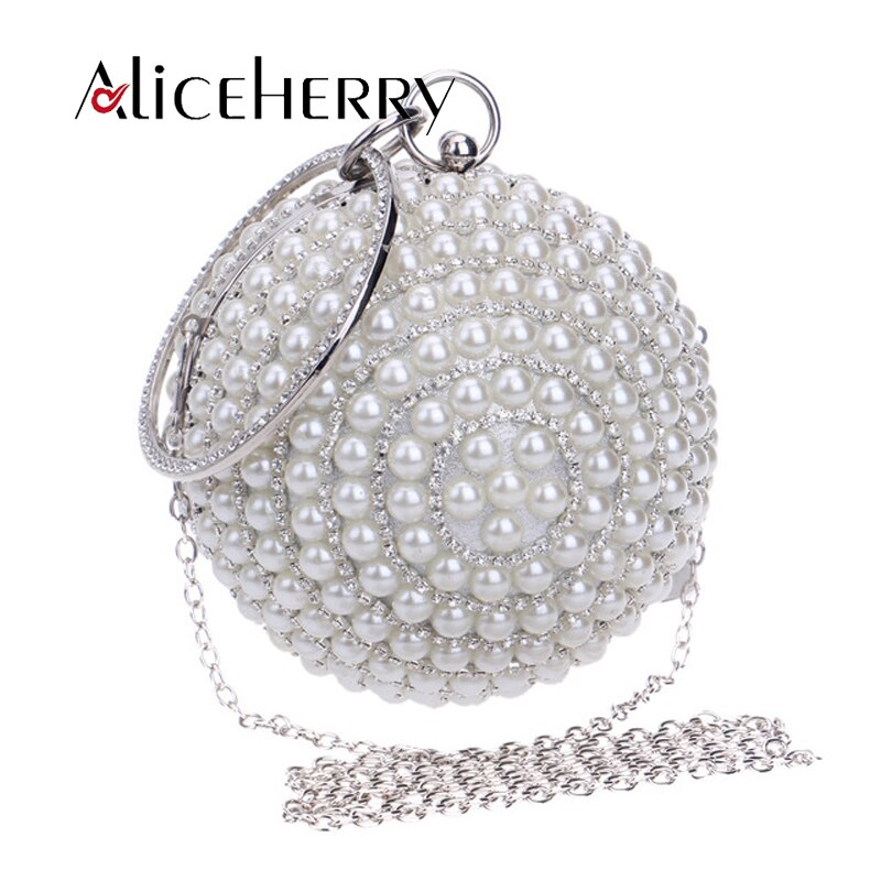 Pochette de soirée de luxe en or et argent pour femmes, sac rond à perles avec chaîne et anneau pour fête