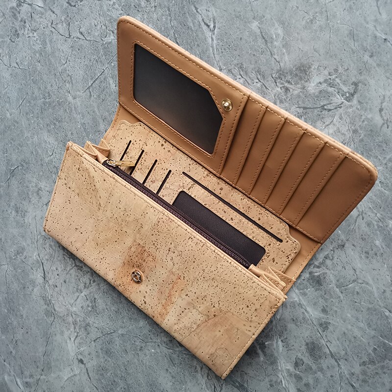 2 in- in-1 multifunctionele unisex effen beige rustieke natuurlijke kurken portemonnee met kaart- en fotovakken voor veganisten