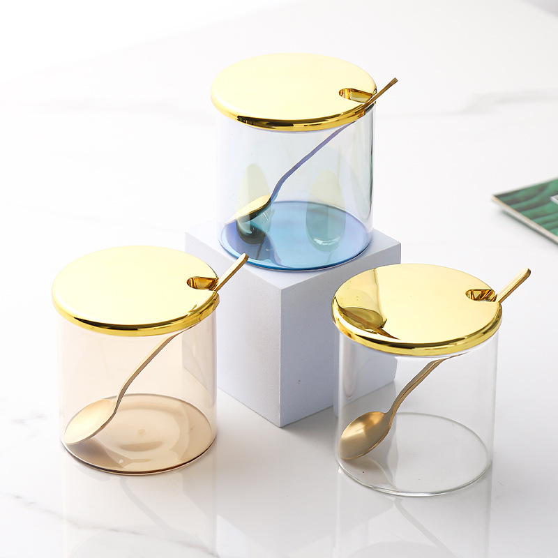 Gold-plated Ceramic Seasoning Jar with Lid Spoon Household Sugar Bowl Chili Box Kitchen Food Container Spice Organizer Rack