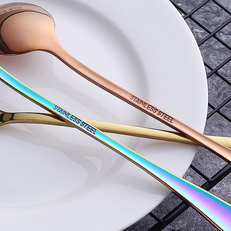19.5cm Stainless Steel Round Head Spoon Rainbow Coffee Mixing Spoon Set Cold Drink Colorful Dessert Ice Spoon Flatware 6pcs/set