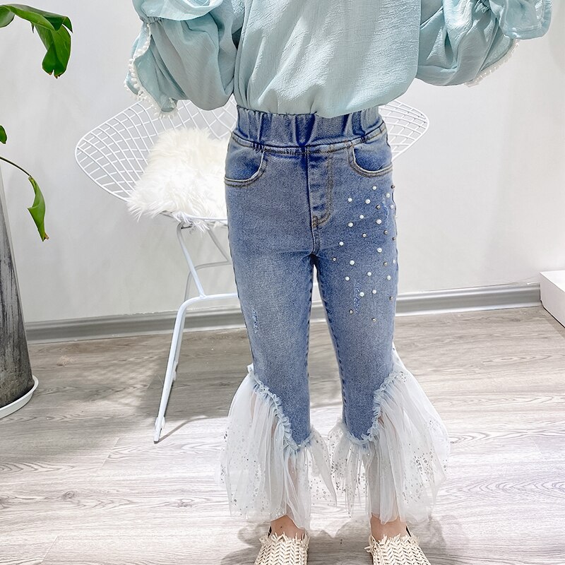 Meisjes mesh patchwork kralen denim broek lente boot cut broek kinderen cowboy broek kinderkleding  ws1474