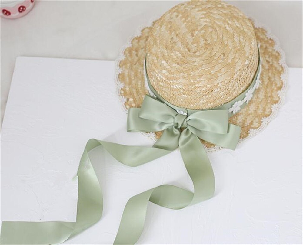 Mori Girl Cute Big Bow Lace Ribbon Lolita Straw Hat Sweet Princess Lolita Flat Cap Beach Cap B1527: 1