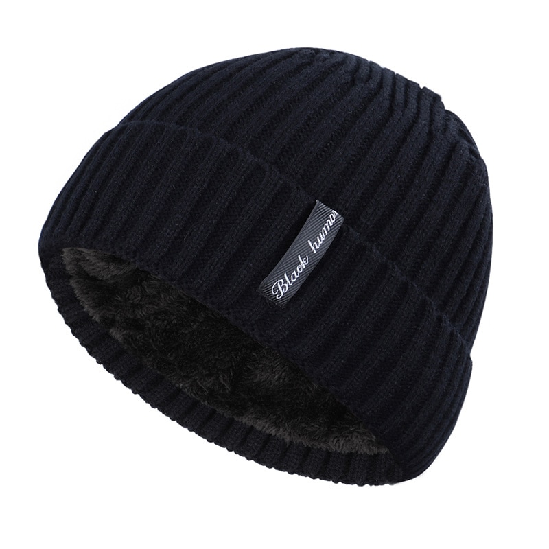 Gorro de invierno para hombre , gorro de punto grueso de terciopelo con etiqueta de letras para invierno para hombre y mujer, gorro grueso para exteriores, grueso, informal para hombre: Black