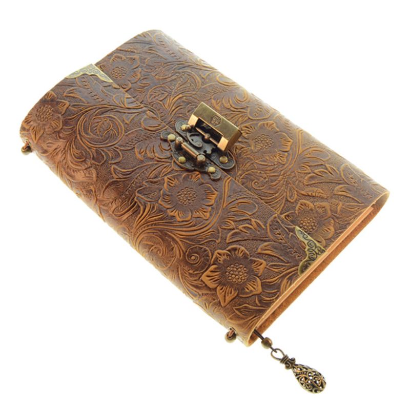 Embossed Pattern Soft Leather Travel Notebook with lock Key Diary Notepad Kraft X6HB: Bronze