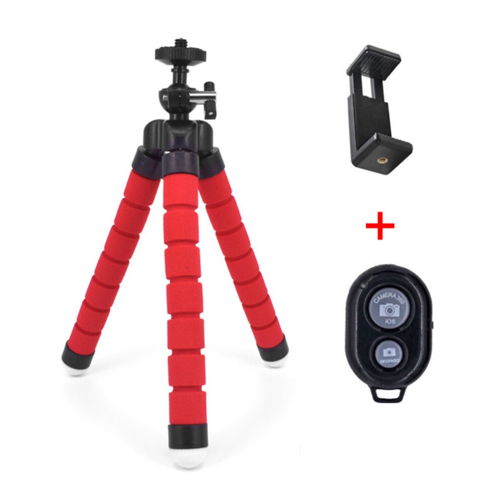 Flexibele Spons Octopus Mini Statief Monopod met Bluetooth Remote Shutter voor IPhone Mini Camera Statief Telefoon Houder Clip Stand: Rood