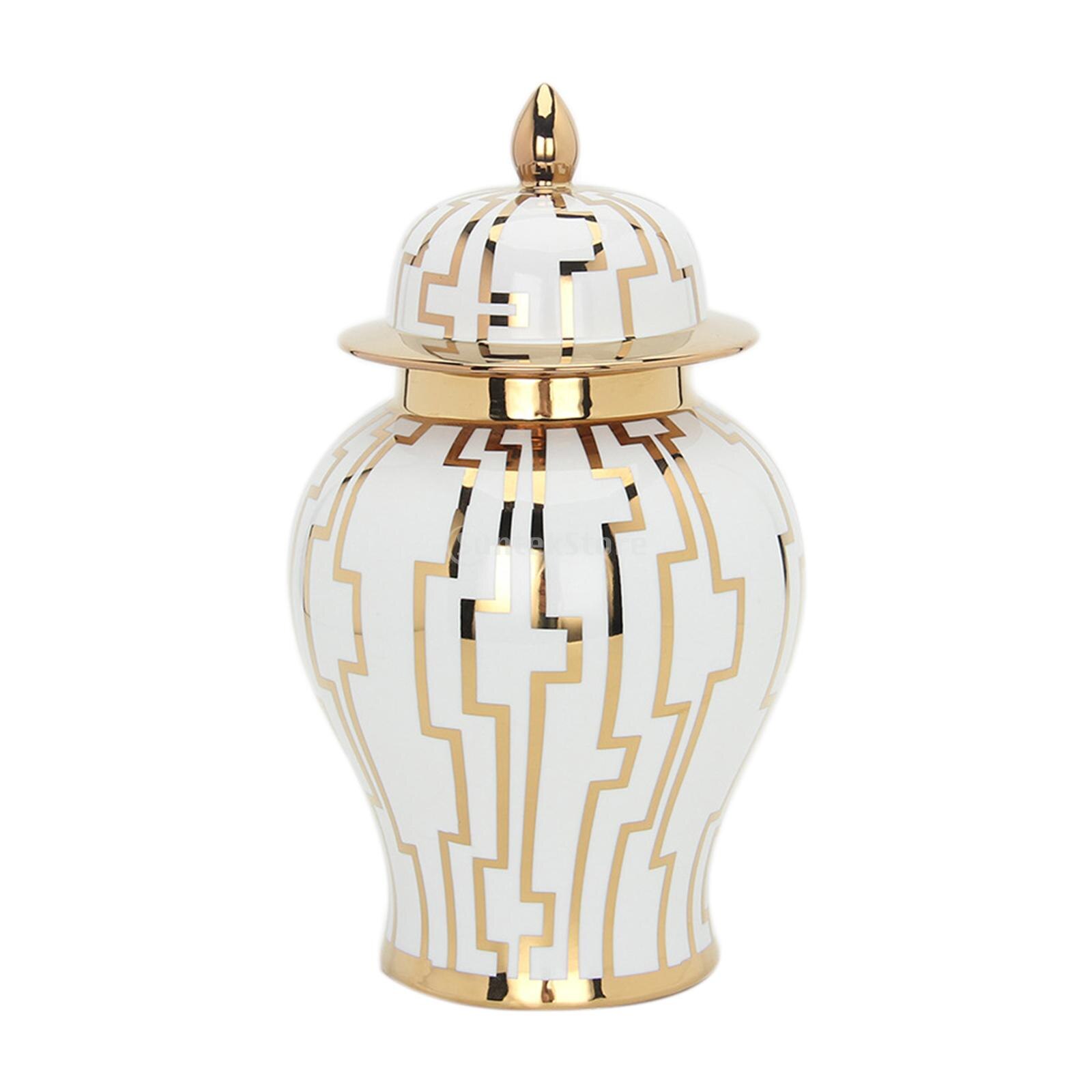 Modern Ceramic Ginger Jar with Lid Porcelain Storage Jar Bud Vase Floral: 34.5x19.5CM