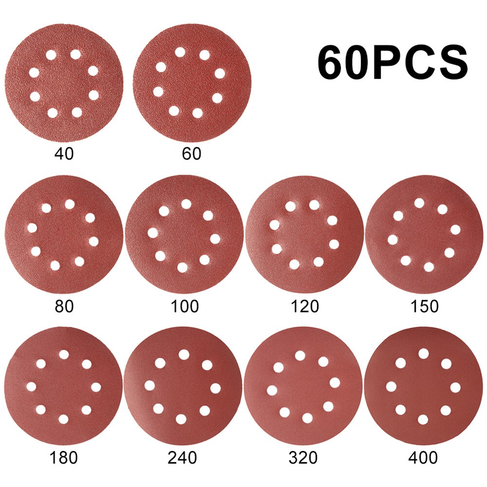 60pcs 5" 125mm Round Sandpaper Eight 8 Holes Sand Sheets Hook Loop 40/60/80/100/120/150/180/240/320/400 Grits For Rough Grinding