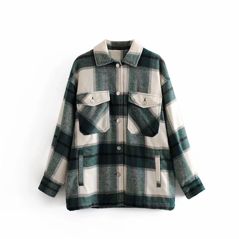 Vintergrön rutig jacka kappa dam streetwear långärmad tjock ullrockficka överdimensionerad lapel höstskjortor kappor: Grön / M