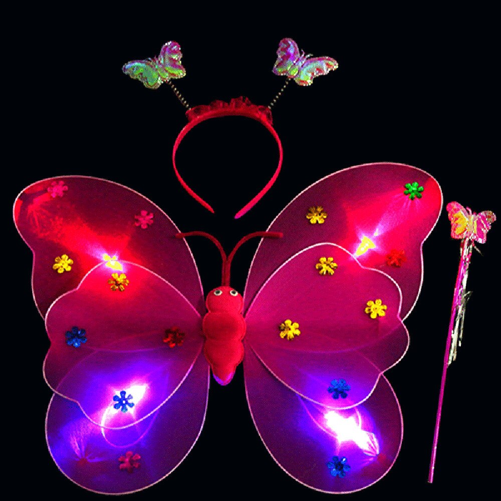 3 Stks/set Dubbele Lagen Meisjes Led Knipperlicht Fairy Butterfly Wing Toverstaf Hoofdband Kostuum Speelgoed