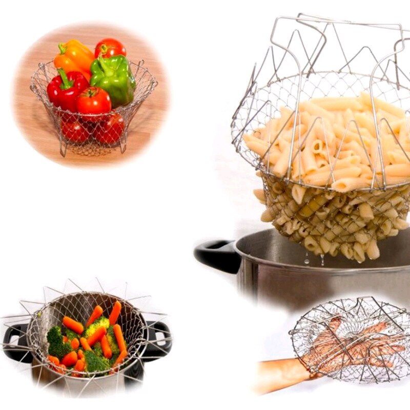 1Pcs Fry Mand Opvouwbare Zeef Mesh Theepot Keuken Accessoires Koken Gereedschap Stoom Spoelen Zeef Vergiet Rvs