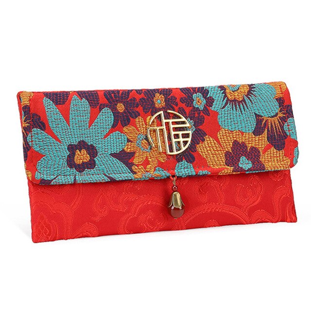 Portefeuille en soie rouge Style chinois , sac de bonne année avec boucle magnétique en Bronze, adapté au Festival du printemps: Rouge