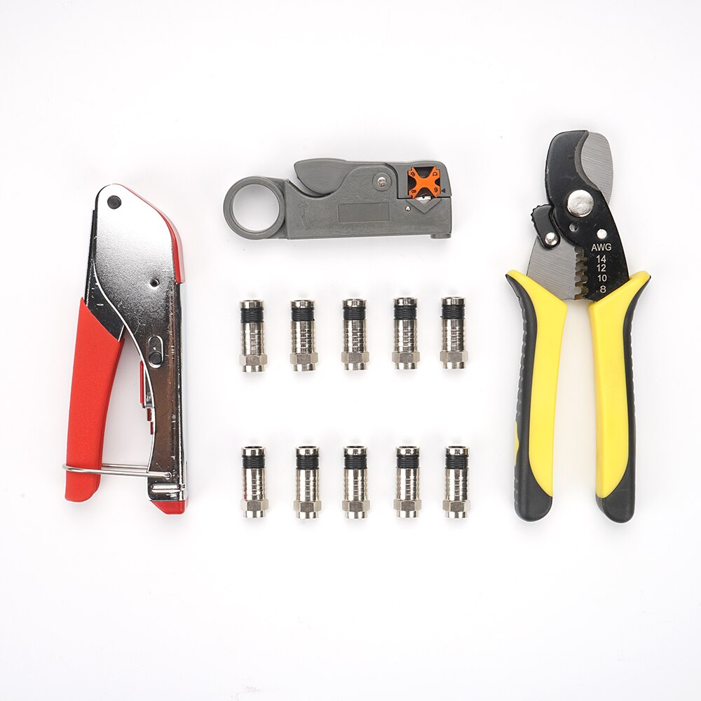BNC RG58 RG59 RG6Crimping tool kit, including crimping and cable strippers, with 10 compression fittings, perfect for connector: 4-piece set
